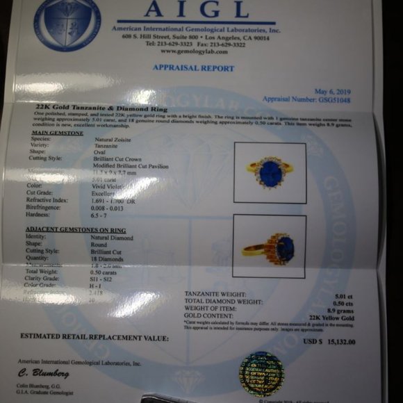 Certified Tanzanite 5.01ct Diamonds 22K Gold Ring - Picture 10 of 10